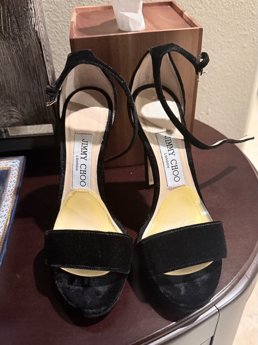 Jimmy Choo Black Velvet Ankle-Strap Heels with Yellow Insoles